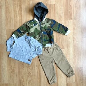 EUC 7 For All Mankind Baby Boy Set-Camo Jacket, Gray Shirt and Khaki Pants